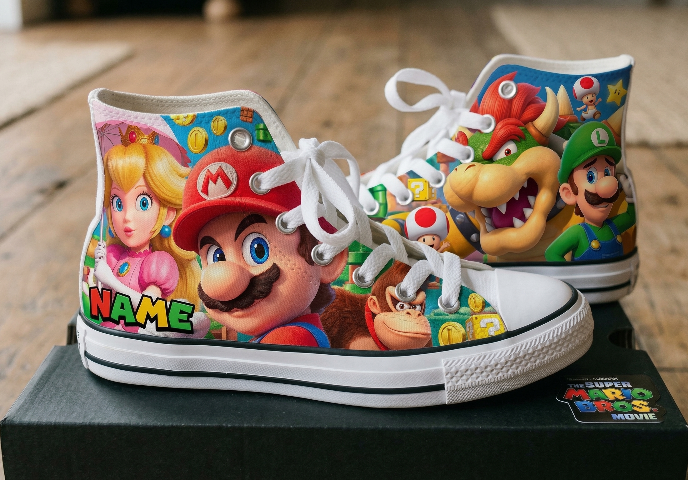 Personalized Name Birthday Super Mario Bros Full Print White High Top Sneaker Shoes