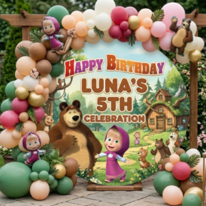 Masha and the Bear Personalized Round Fabric Cover Backdrop Background 7.2ft Decoration Party Birthday