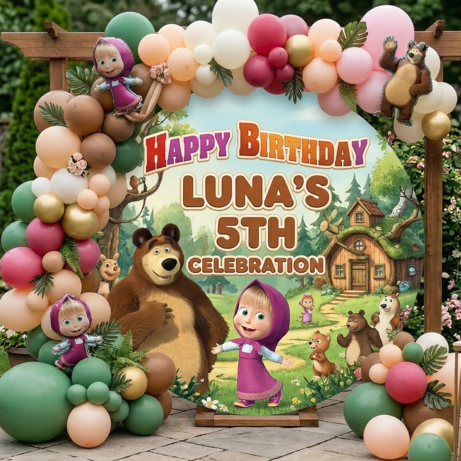 Masha and the Bear Personalized Round Fabric Cover Backdrop Background 7.2ft Decoration Party Birthday
