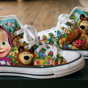 Personalized Name Birthday Masha and the Bear Full Print White High Top Sneaker Shoes