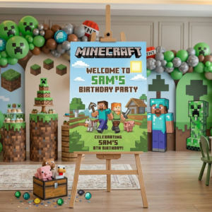 Minecraft Theme Personalized Custom Welcome Birthday Sign Foam Poster Board Print Wall Art 24" x 36" inch Decoration Party Glossy Finish