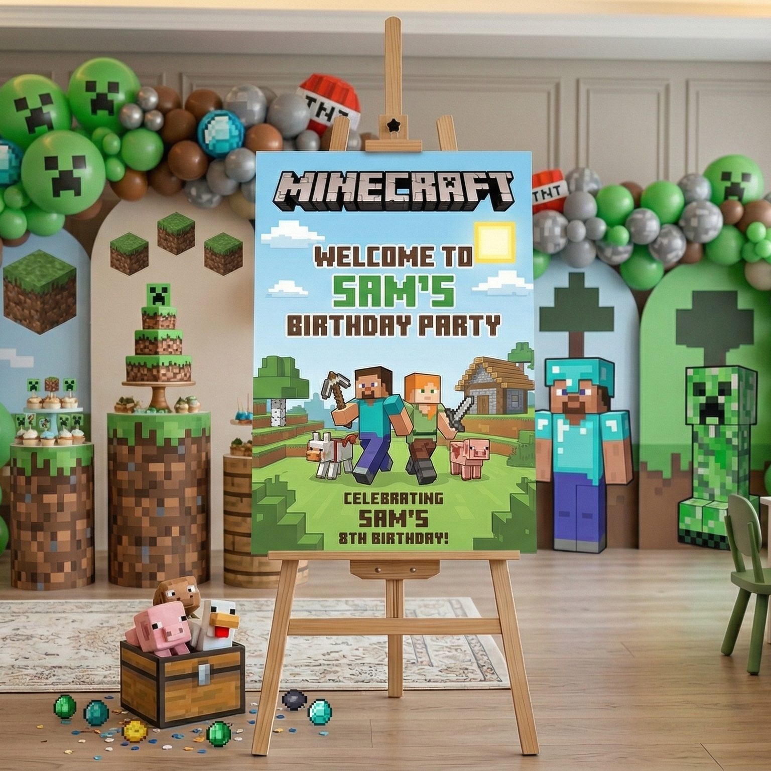 Minecraft Theme Personalized Custom Welcome Birthday Sign Foam Poster Board Print Wall Art 24" x 36" inch Decoration Party Glossy Finish