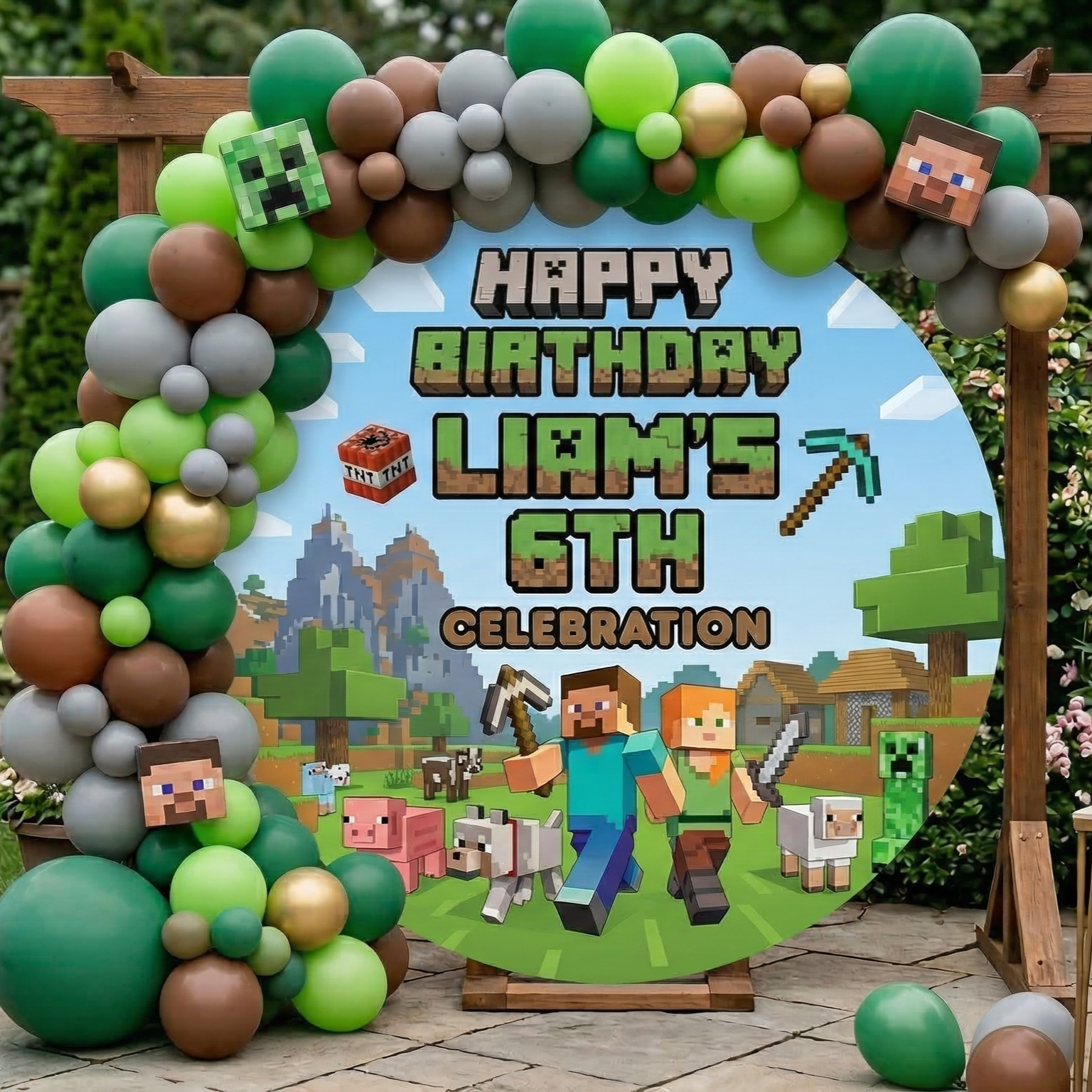 Minecraft Personalized Round Fabric Cover Backdrop Background 7.2ft Decoration Party Birthday