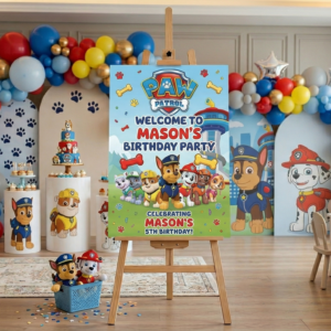 Paw Patrol Theme Personalized Custom Welcome Birthday Sign Foam Poster Board Print Wall Art 24" x 36" inch Decoration Party Glossy Finish