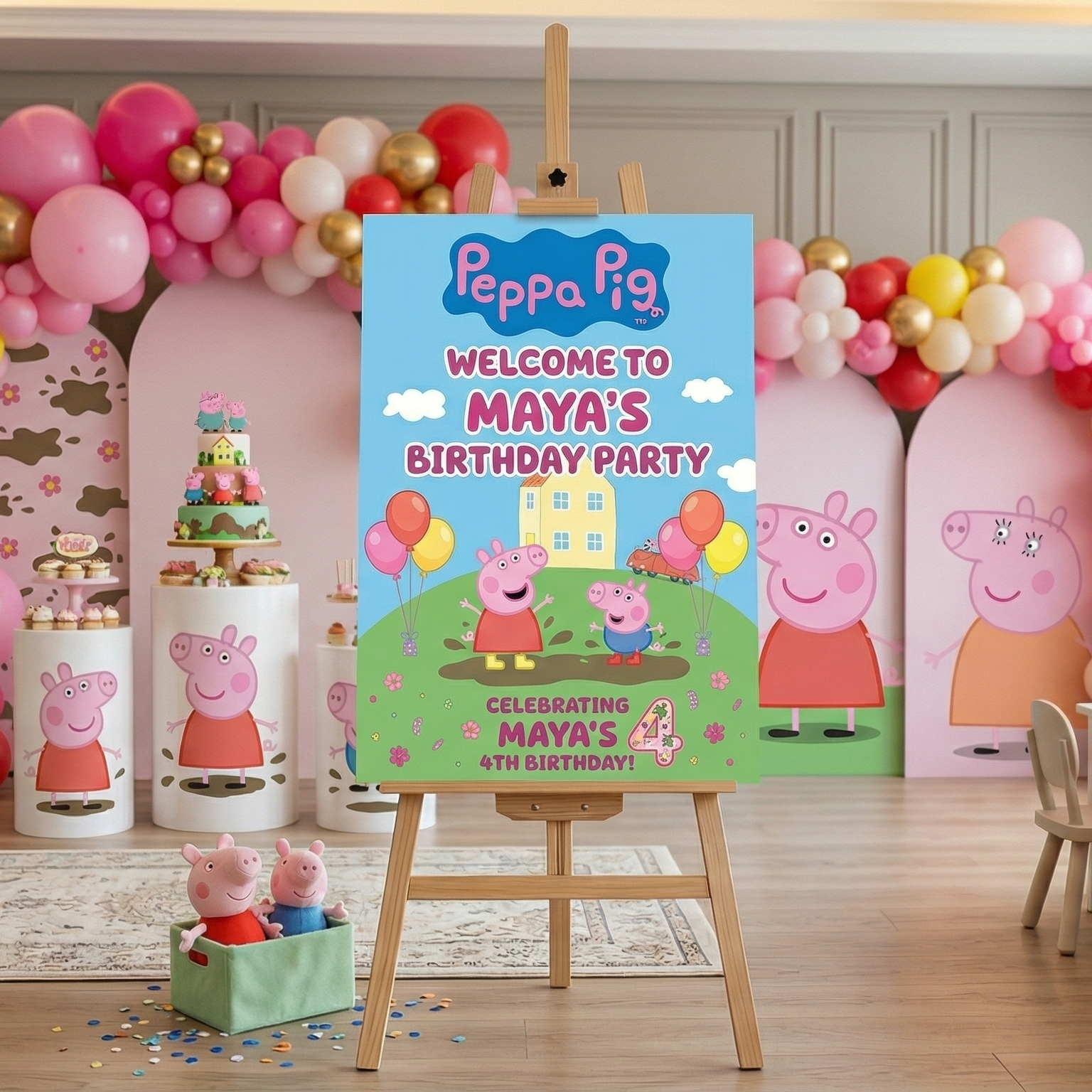 Peppa Pig Theme Personalized Custom Welcome Birthday Sign Foam Poster Board Print Wall Art 24" x 36" inch Decoration Party Glossy Finish