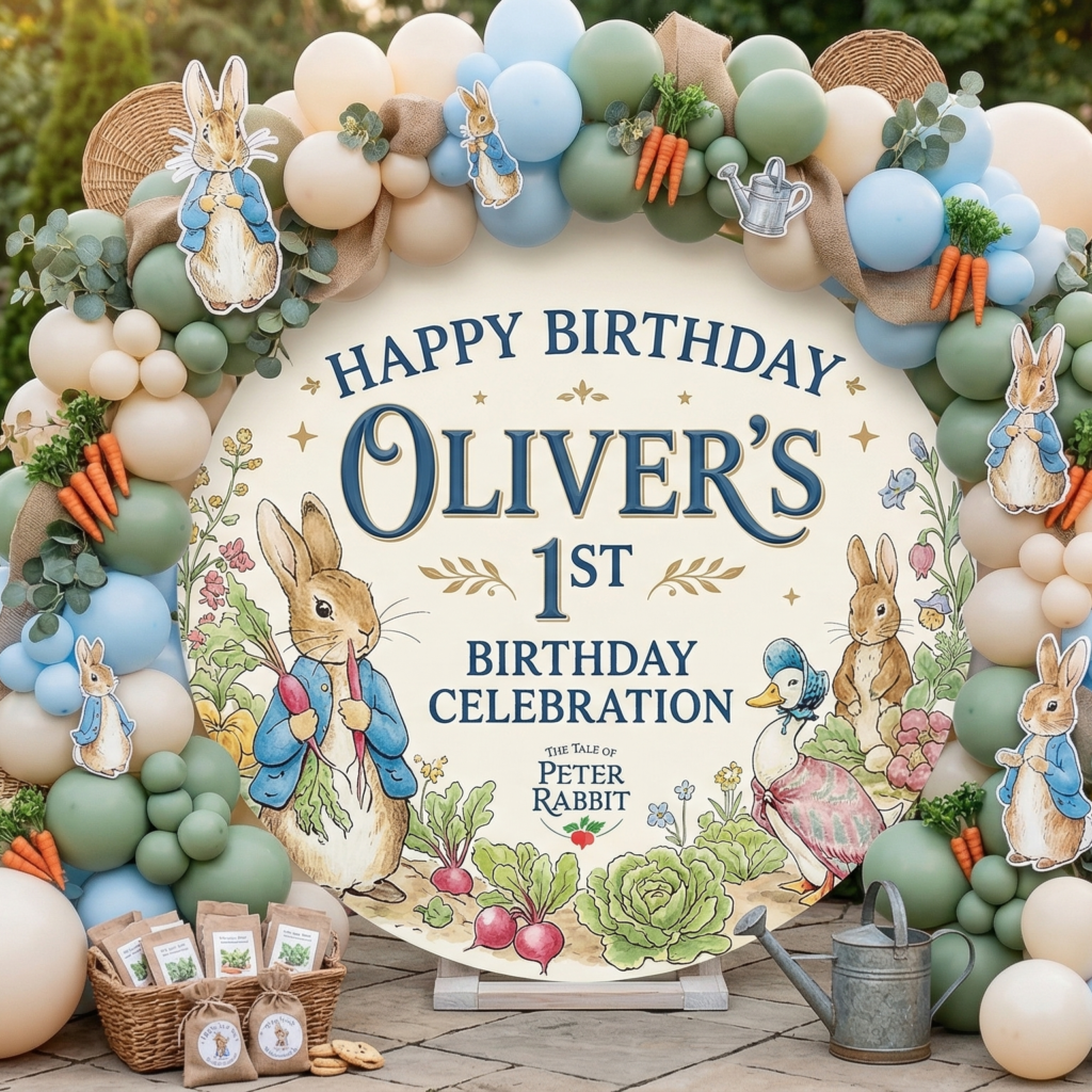 Peter Rabbit Blue Coat Personalized Round Fabric Cover Backdrop Background 7.2ft Decoration Party Birthday