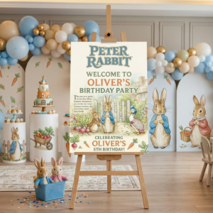 Peter Rabbit Blue Coat Theme Personalized Custom Welcome Birthday Sign Foam Poster Board Print Wall Art 24" x 36" inch Decoration Party Glossy Finish