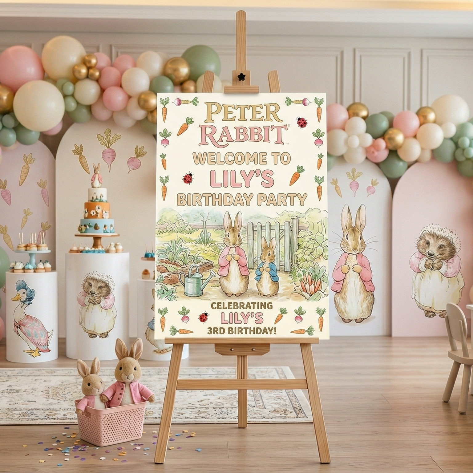 Peter Rabbit Pink Coat Theme Personalized Custom Welcome Birthday Sign Foam Poster Board Print Wall Art 24" x 36" inch Decoration Party Glossy Finish