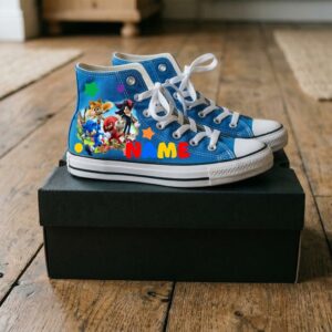Personalized Name Birthday Sonic the Hedgehog Movie Group Blue High Top Sneaker Shoes