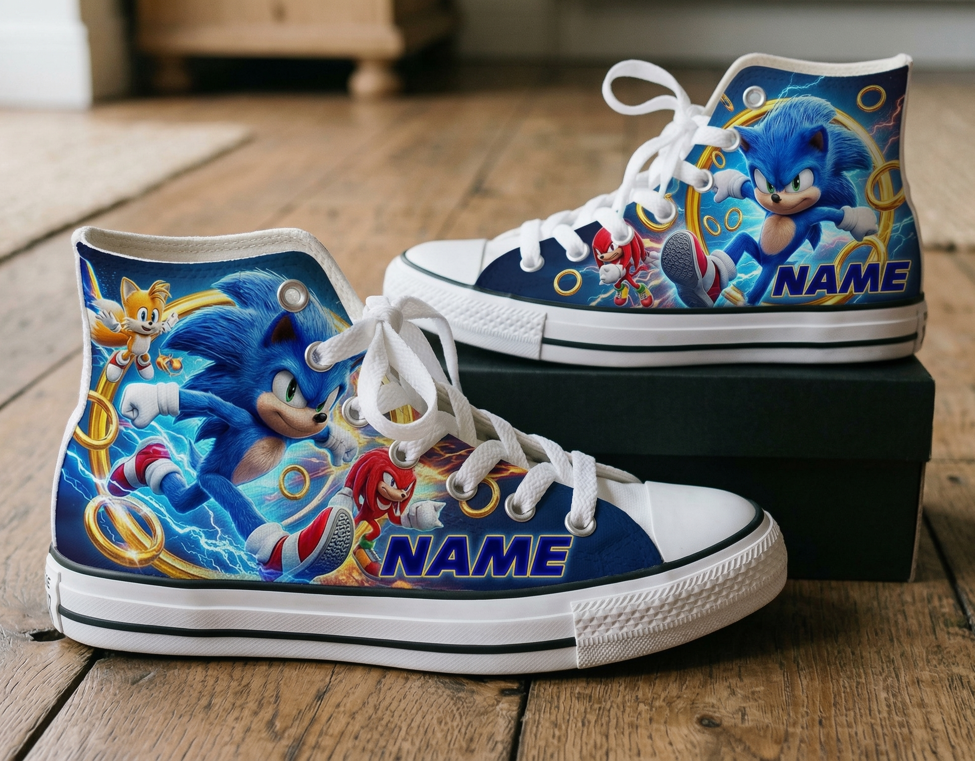 Personalized Name Birthday Sonic the Hedgehog Movie Full Print White High Top Sneaker Shoes