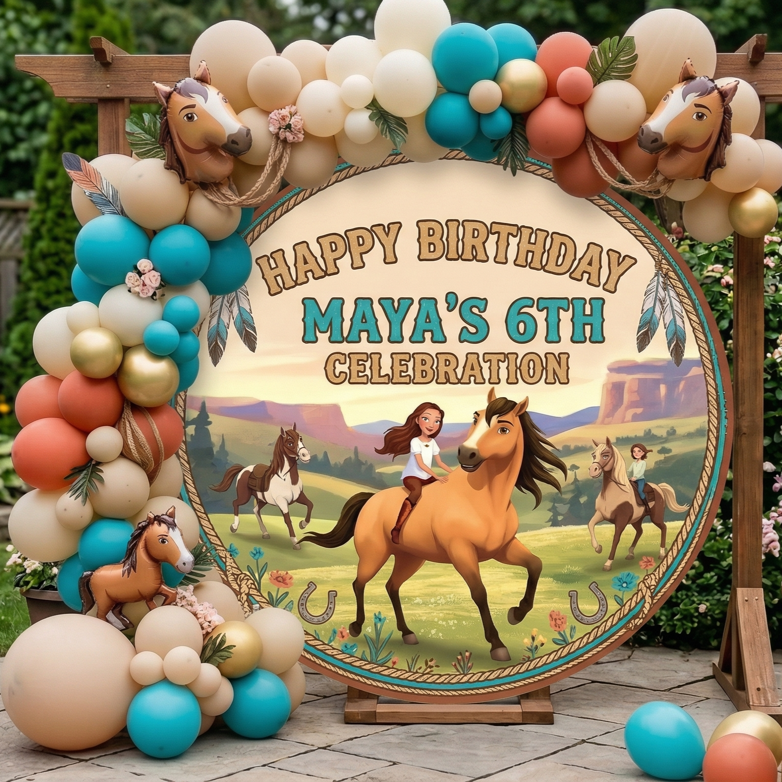 Spirit Riding Free Horse Personalized Round Fabric Cover Backdrop Background 7.2ft Decoration Party Birthday