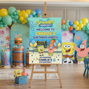 SpongeBob SquarePants Theme Personalized Custom Welcome Birthday Sign Foam Poster Board Print Wall Art 24" x 36" inch Decoration Party Glossy Finish