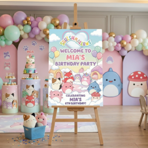 Squishmallows Theme Personalized Custom Welcome Birthday Sign Foam Poster Board Print Wall Art 24" x 36" inch Decoration Party Glossy Finish