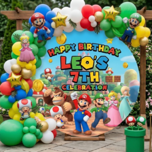 Super Mario Group Personalized Round Fabric Cover Backdrop Background 7.2ft Decoration Party Birthday