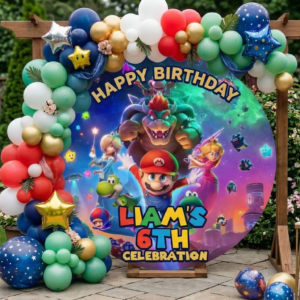 Super Mario Movie Personalized Round Fabric Cover Backdrop Background 7.2ft Decoration Party Birthday