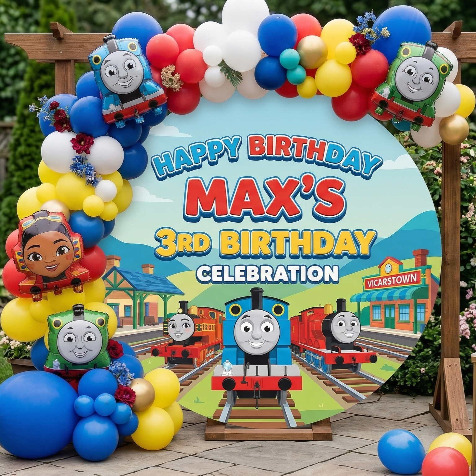 Thomas and Friends Engine Personalized Round Fabric Cover Backdrop Background 7.2ft Decoration Party Birthday