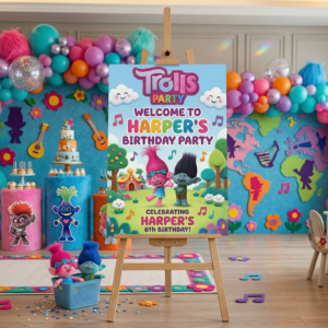 Trolls Theme Personalized Custom Welcome Birthday Sign Foam Poster Board Print Wall Art 24" x 36" inch Decoration Party Glossy Finish