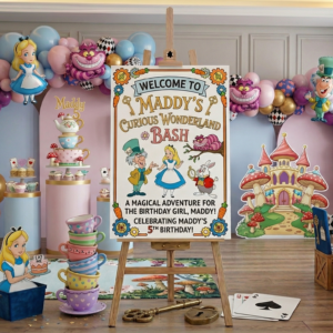Alice in Wonderland Theme Personalized Custom Welcome Birthday Sign Foam Poster Board Print Wall Art 24" x 36" inch Decoration Party Glossy Finish