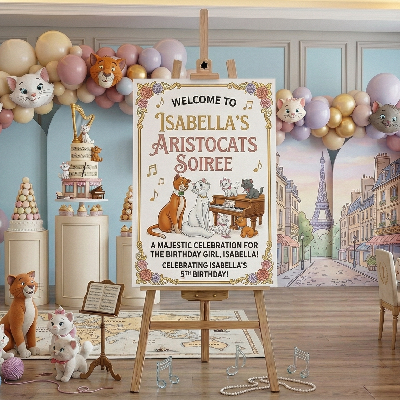 Aristocats Theme Personalized Custom Welcome Birthday Sign Foam Poster Board Print Wall Art 24" x 36" inch Decoration Party Glossy Finish