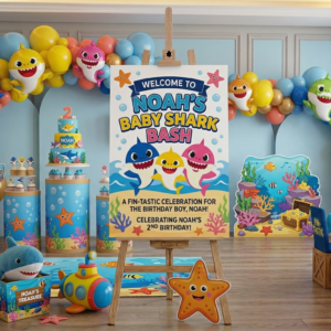 Baby Shark Theme Personalized Custom Welcome Birthday Sign Foam Poster Board Print Wall Art 24" x 36" inch Decoration Party Glossy Finish