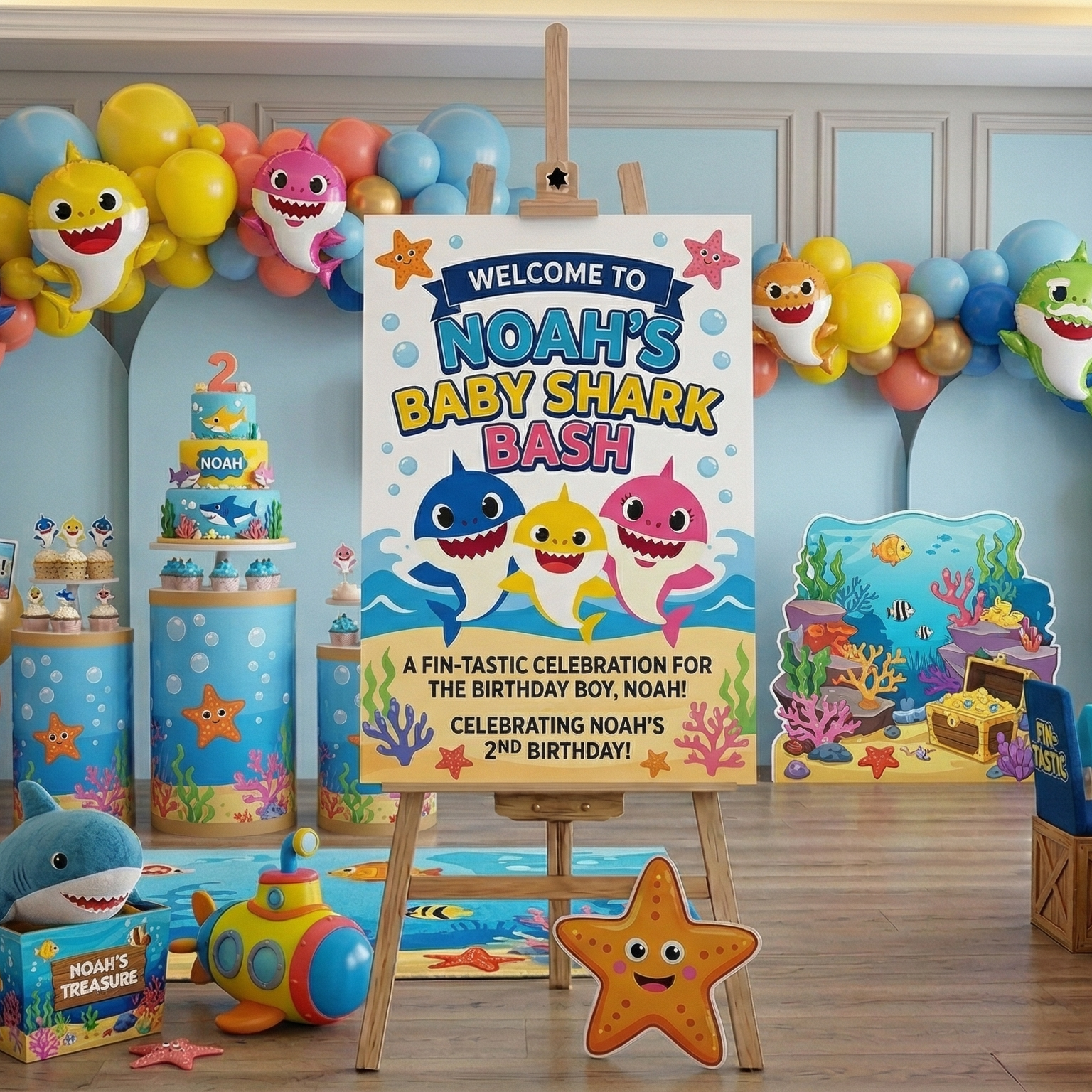 Baby Shark Theme Personalized Custom Welcome Birthday Sign Foam Poster Board Print Wall Art 24" x 36" inch Decoration Party Glossy Finish