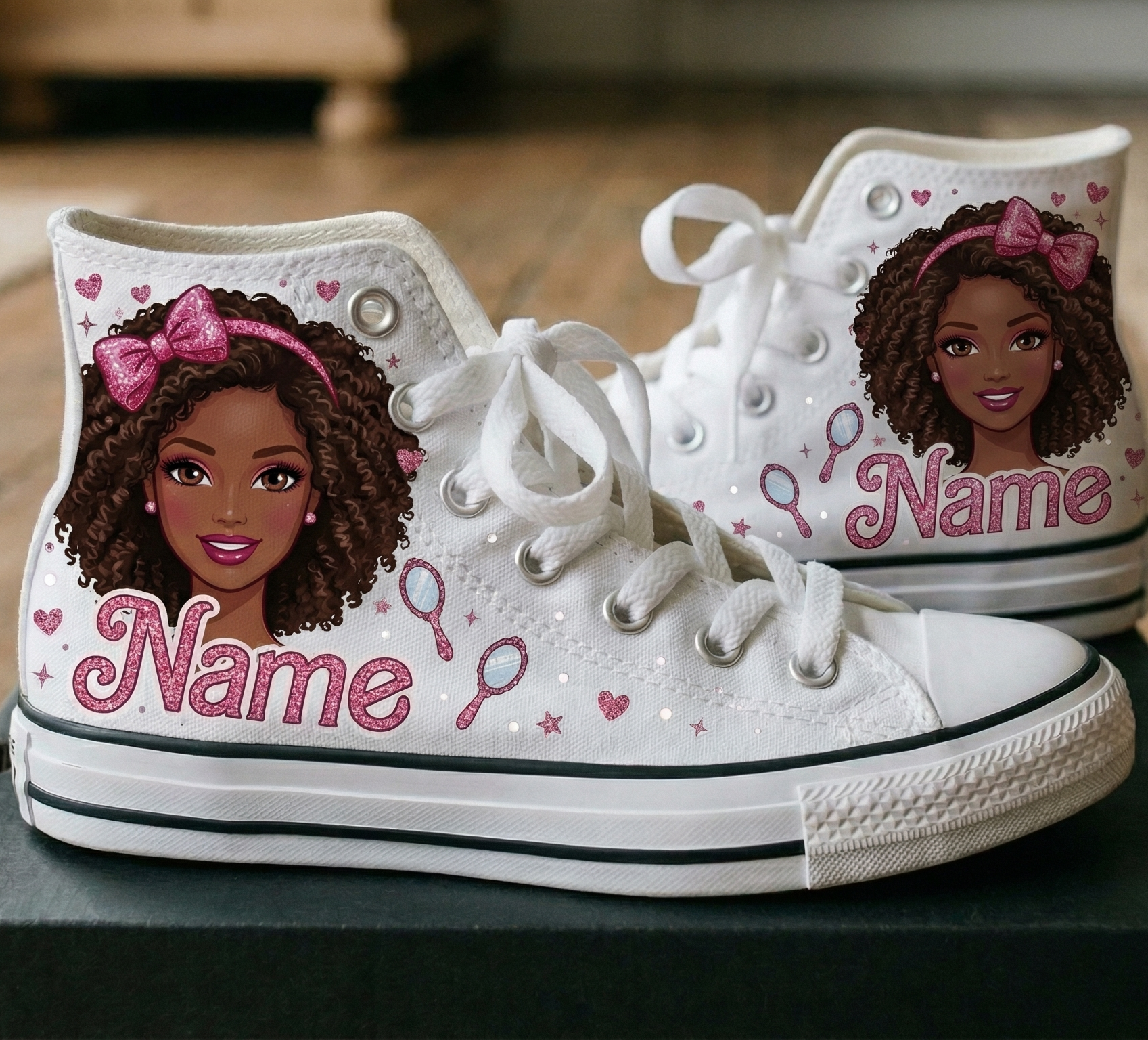 Personalized Name Birthday Barbie Black Girl Doll Full Print White High Top Sneaker Custom Shoes