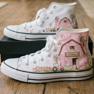 Personalized Name Birthday Pink Barn Farm Animals Full Print White High Top Sneaker Custom Shoes