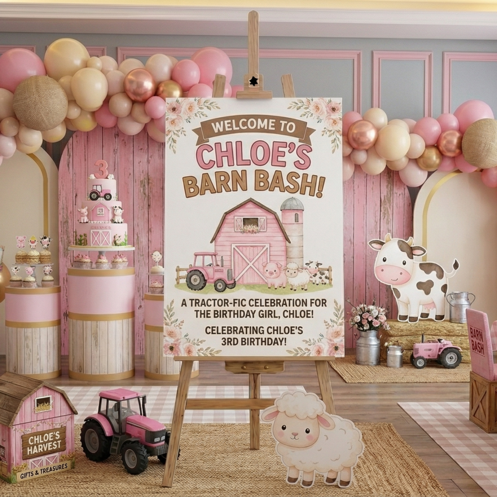 Pink Barn Farm Animals Theme Personalized Custom Welcome Birthday Sign Foam Poster Board Print Wall Art 24" x 36" inch Decoration Party Glossy Finish
