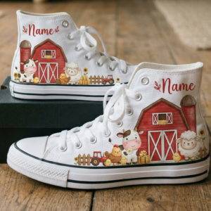 Personalized Name Birthday Red Barn Farm Animals Full Print White High Top Sneaker Custom Shoes