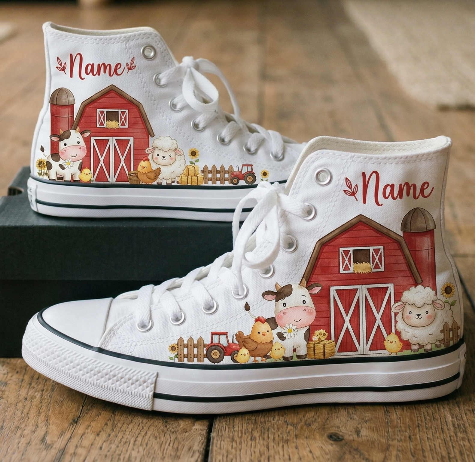 Personalized Name Birthday Red Barn Farm Animals Full Print White High Top Sneaker Custom Shoes