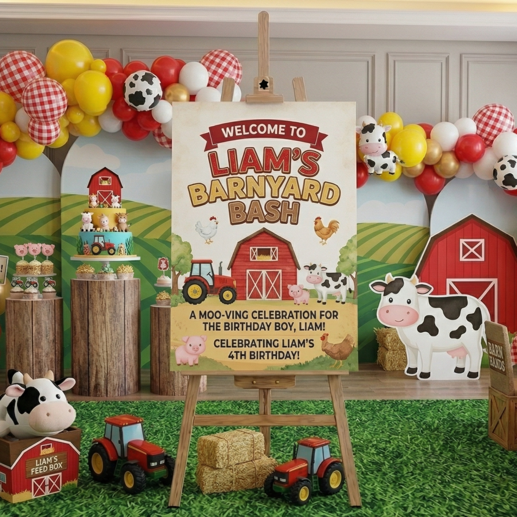 Red Barn Farm Animals Theme Personalized Custom Welcome Birthday Sign Foam Poster Board Print Wall Art 24" x 36" inch Decoration Party Glossy Finish