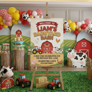Red Barn Farm Animals Theme Personalized Custom Welcome Birthday Sign Foam Poster Board Print Wall Art 24" x 36" inch Decoration Party Glossy Finish