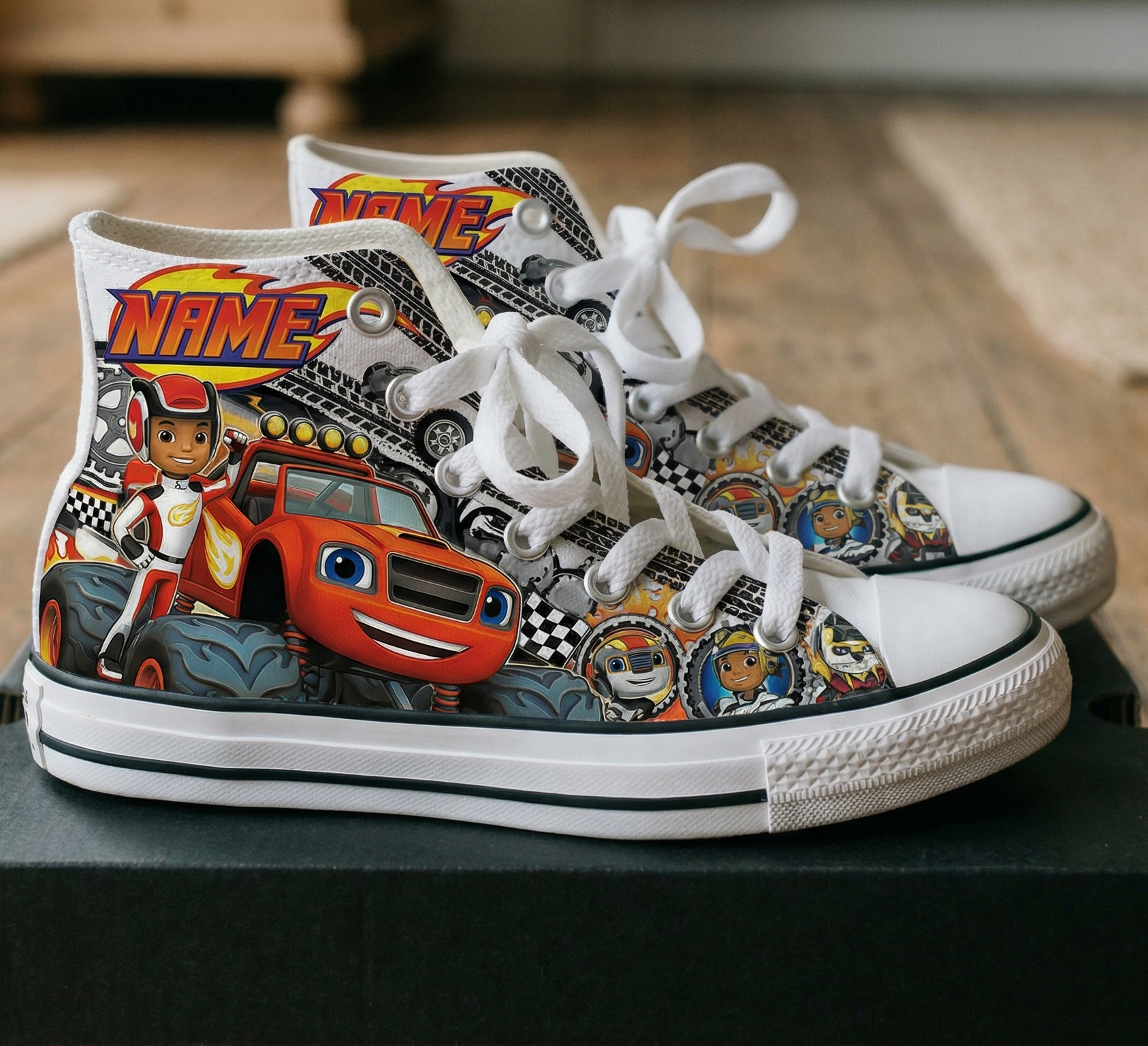 Personalized Name Birthday Blaze and the Monster Machines Full Print White High Top Sneaker Custom Shoes