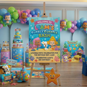 Bubble Guppies Theme Personalized Custom Welcome Birthday Sign Foam Poster Board Print Wall Art 24" x 36" inch Decoration Party Glossy Finish