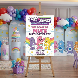Care Bears Theme Personalized Custom Welcome Birthday Sign Foam Poster Board Print Wall Art 24" x 36" inch Decoration Party Glossy Finish