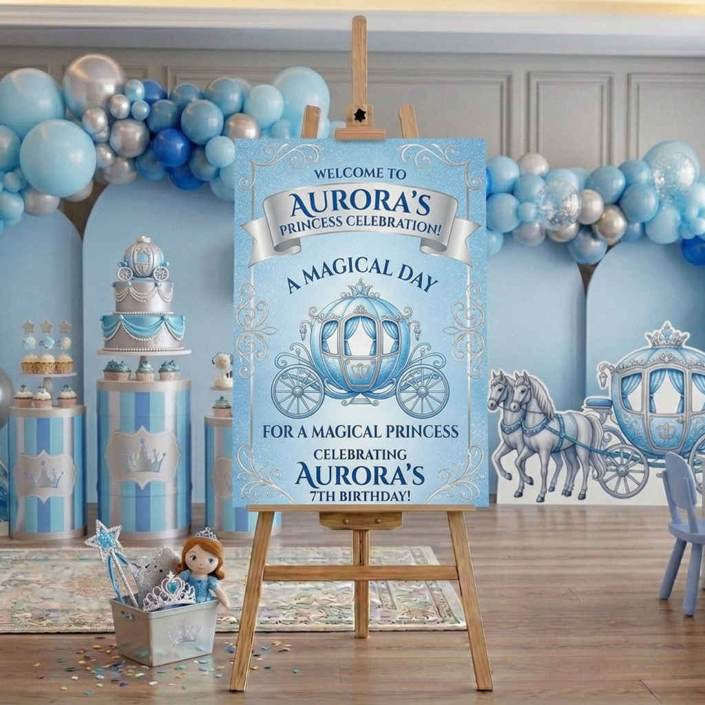 Blue Silver Princess Carriage Theme Personalized Custom Welcome Birthday Sign Foam Poster Board Print Wall Art 24" x 36" inch Decoration Party Glossy Finish