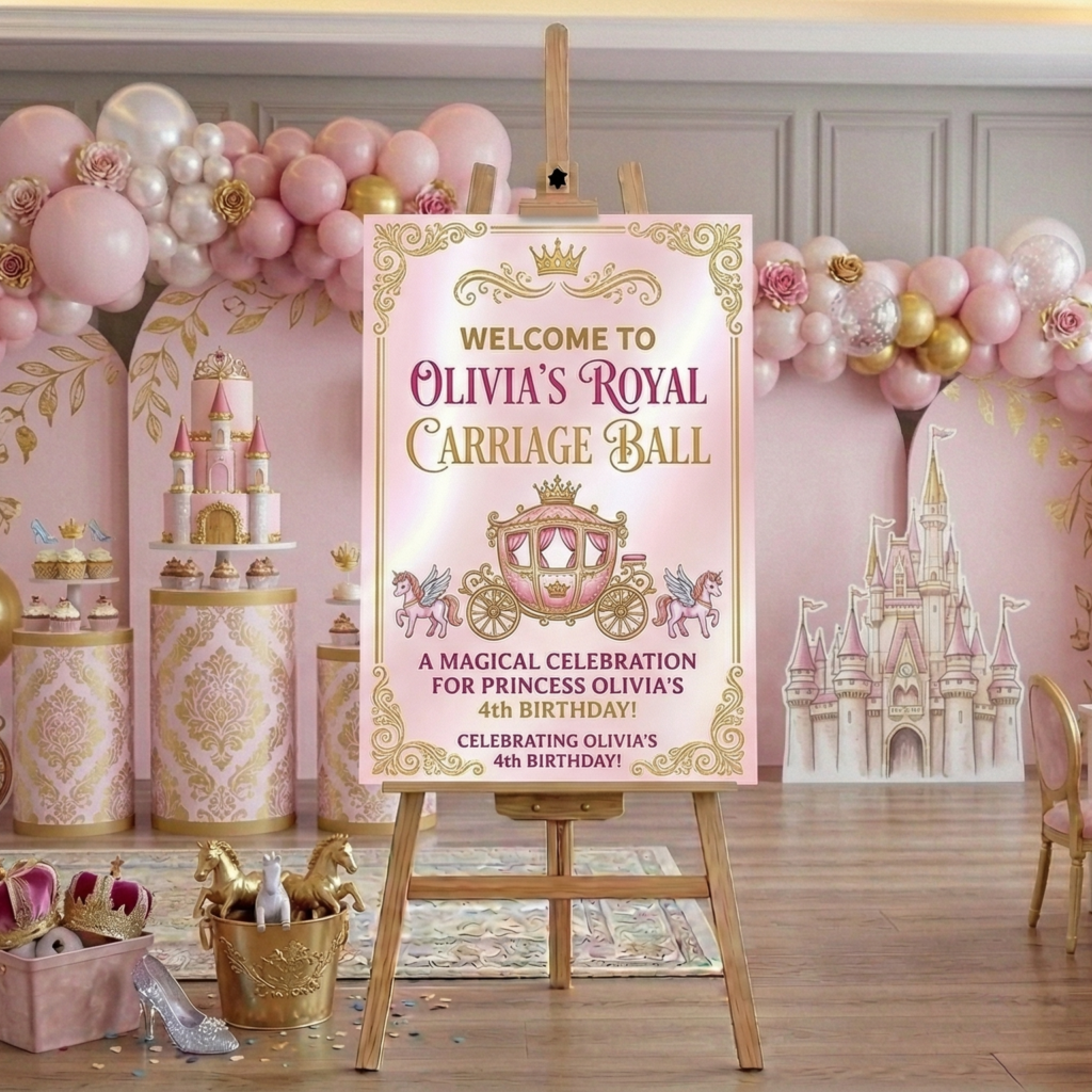 Pink Gold Princess Carriage Theme Personalized Custom Welcome Birthday Sign Foam Poster Board Print Wall Art 24" x 36" inch Decoration Party Glossy Finish