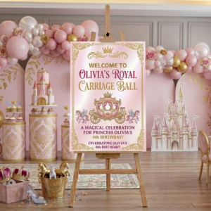 Pink Gold Princess Carriage Theme Personalized Custom Welcome Birthday Sign Foam Poster Board Print Wall Art 24" x 36" inch Decoration Party Glossy Finish