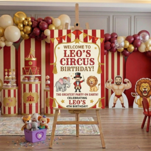 Red Circus Tent Theme Personalized Custom Welcome Birthday Sign Foam Poster Board Print Wall Art 24" x 36" inch Decoration Party Glossy Finish