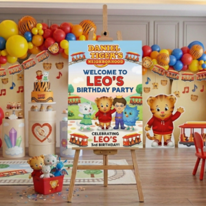 Daniel Tiger's Neighborhood Theme Personalized Custom Welcome Birthday Sign Foam Poster Board Print Wall Art 24" x 36" inch Decoration Party Glossy Finish