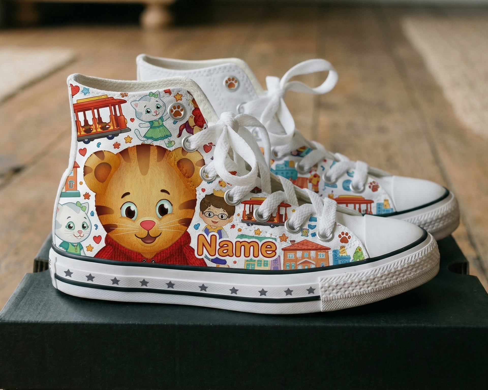 Personalized Name Birthday Daniel Tiger's Neighborhood Full Print White High Top Sneaker Custom Shoes