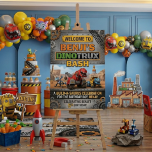 Dinotrux Theme Personalized Custom Welcome Birthday Sign Foam Poster Board Print Wall Art 24" x 36" inch Decoration Party Glossy Finish