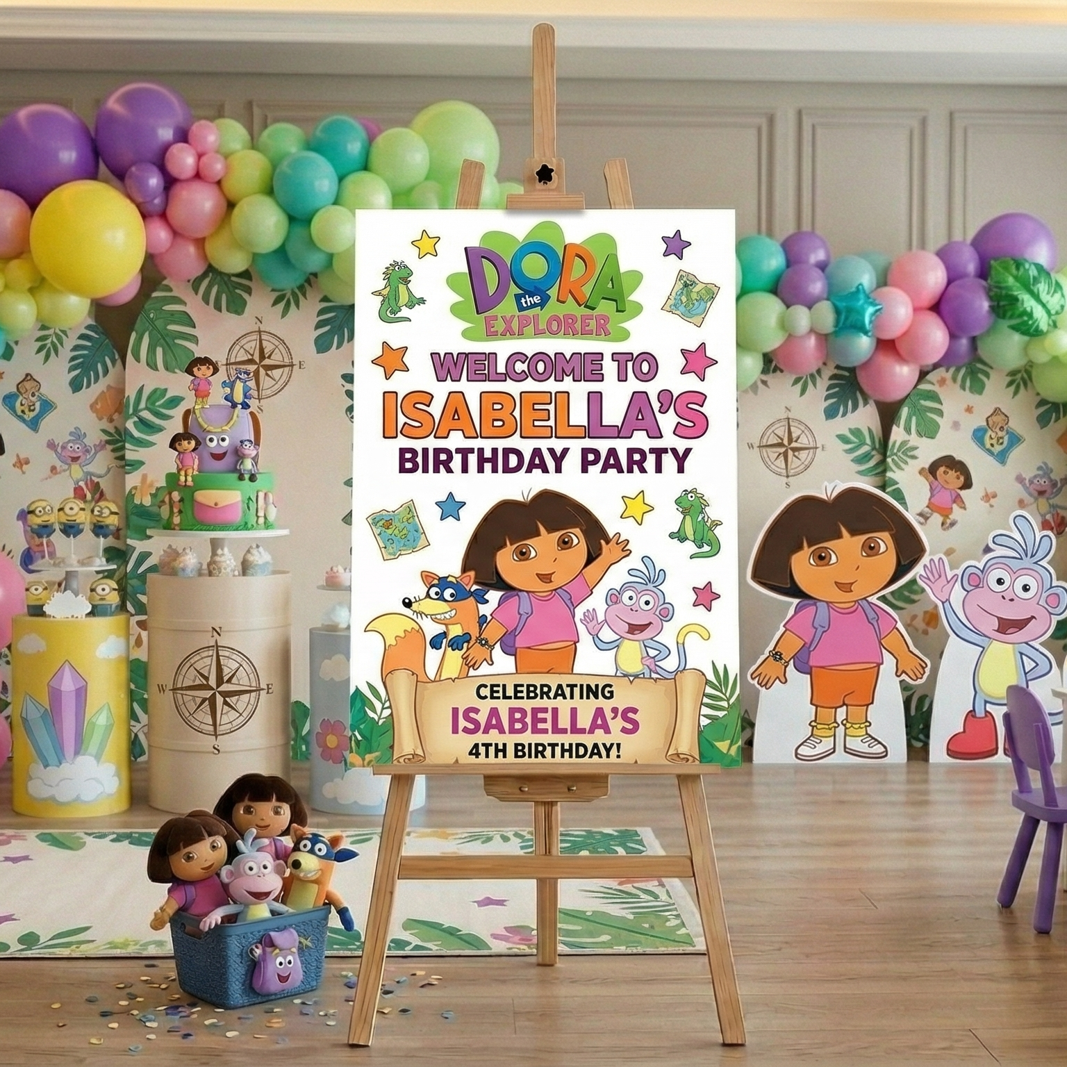 Dora the Explorer Theme Personalized Custom Welcome Birthday Sign Foam Poster Board Print Wall Art 24" x 36" inch Decoration Party Glossy Finish