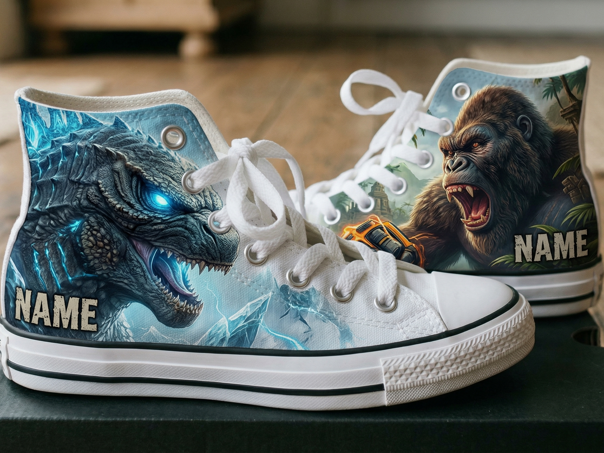 Personalized Name Birthday Godzilla x Kong Full Print White High Top Sneaker Custom Shoes