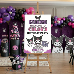 Hello Kitty Kuromi Theme Personalized Custom Welcome Birthday Sign Foam Poster Board Print Wall Art 24" x 36" inch Decoration Party Glossy Finish
