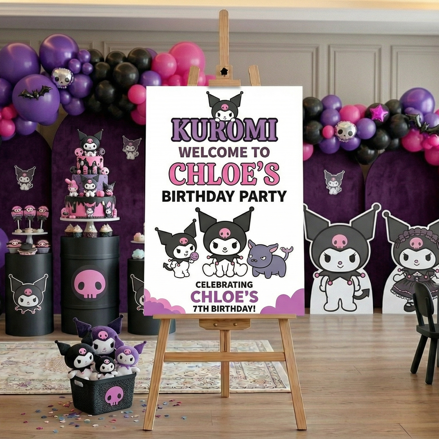 Hello Kitty Kuromi Theme Personalized Custom Welcome Birthday Sign Foam Poster Board Print Wall Art 24" x 36" inch Decoration Party Glossy Finish
