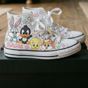 Personalized Name Birthday Cute Baby Looney Tunes Full Print White High Top Sneaker Custom Shoes