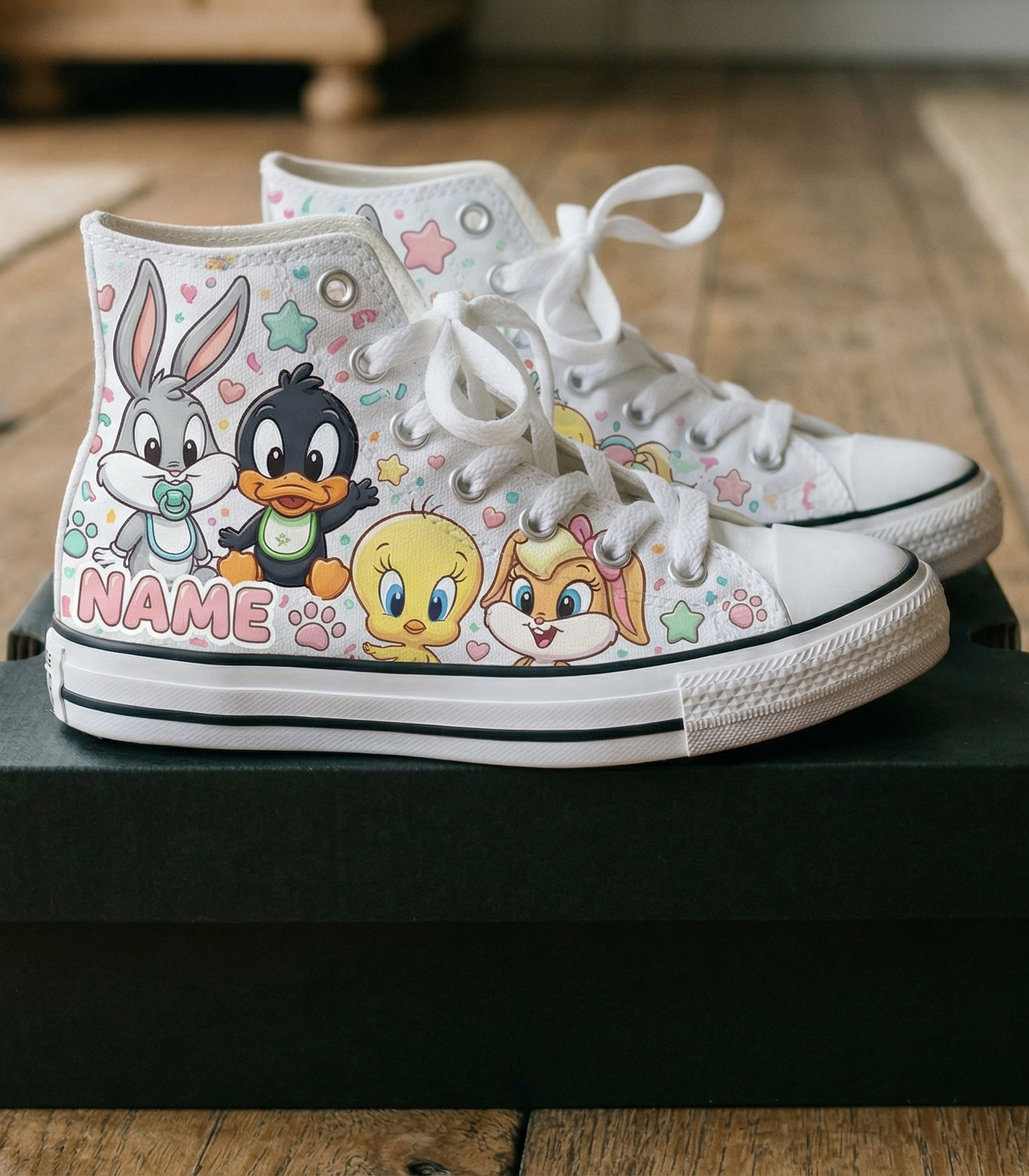 Personalized Name Birthday Cute Baby Looney Tunes Full Print White High Top Sneaker Custom Shoes