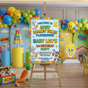Baby Looney Tunes Theme Personalized Custom Welcome Birthday Sign Foam Poster Board Print Wall Art 24" x 36" inch Decoration Party Glossy Finish