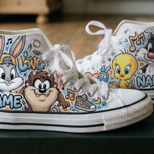 Personalized Name Birthday Cool Baby Looney Tunes Full Print White High Top Sneaker Custom Shoes